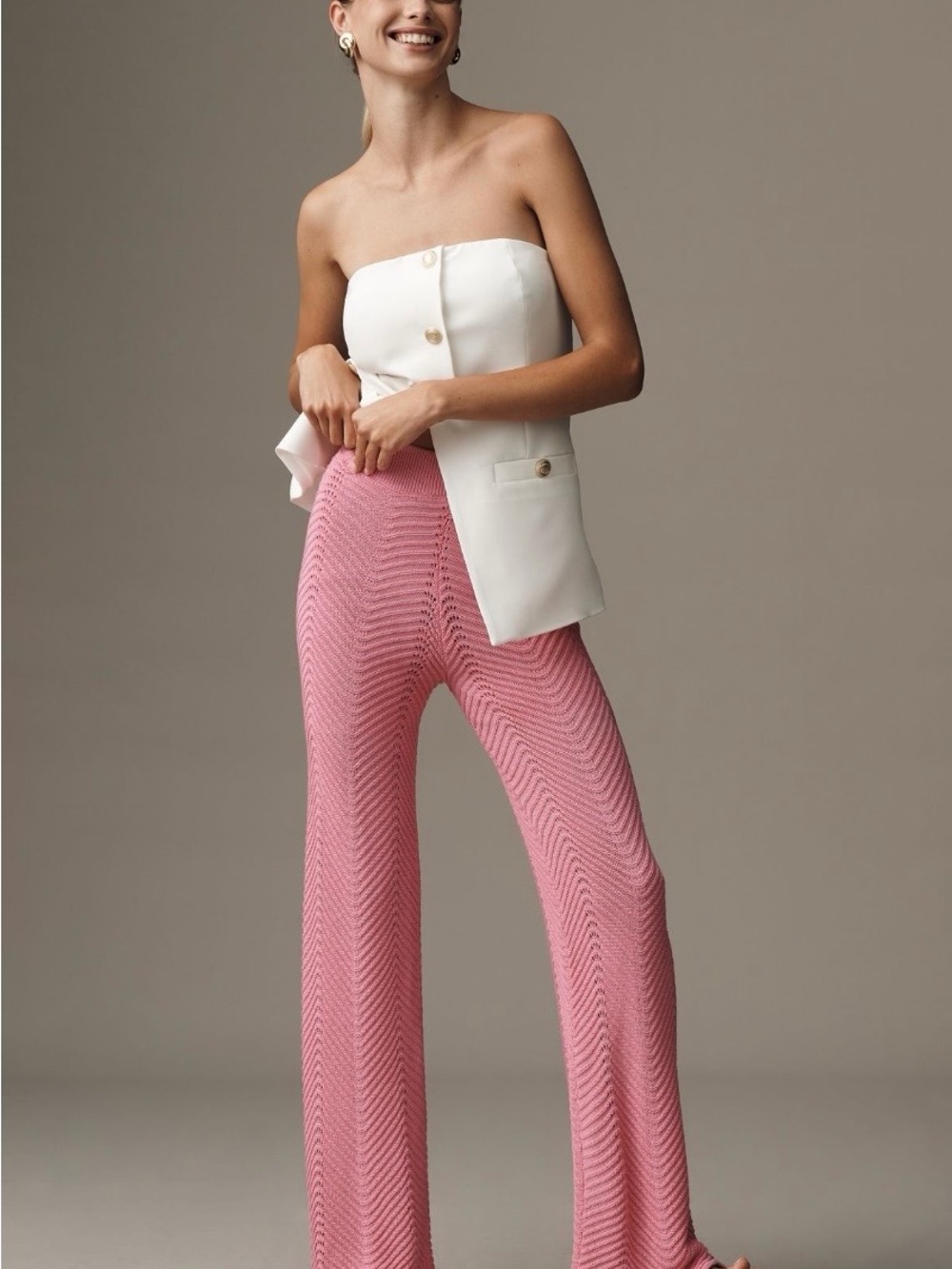 EUC Anthropologie English Factory Pink Knit Wide-Leg Crochet Pull-On Pants LARGE